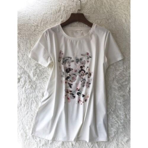 Elfbop Ladies Silk Cotton Rhinestone Butterfly Printed Tees Top - 2019ss White O Neck Short Sleeve T-shirt