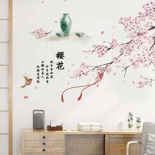 Chinese Style Cherry Blossom Wallpaper Wall Stickers Flowers Living Room Bedroom Decor Aesthetic Sakura Vinyl Wall Decals Mural