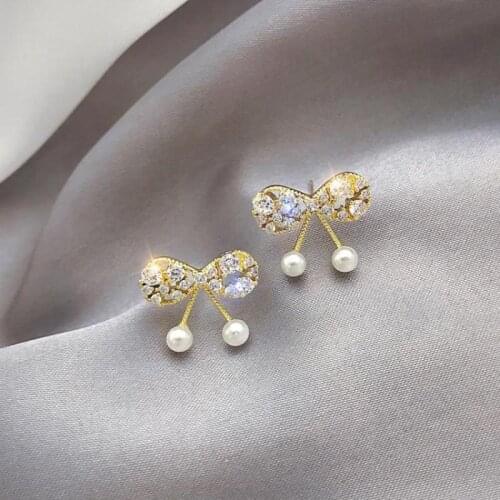 Korean Earrings Fashion Jewelry Bowknot Statement Earrings Irregular Rhinestone Sweet Imitation Pearl Stud Earrings For Women