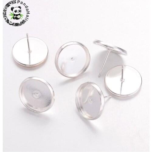 Brass Ear Studs Settings, Lead Free & Cadmium Free & Nickel Free, Silver Color, Tray: 12mm; 12mm; Pin: 0.7mm