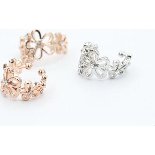 Metallic Flower Linked Champagne Golden & Silver Plated Crystal Ear Cuff Fashion Women Clip Earrings