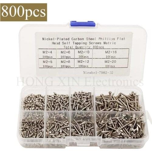 800pcs M2(2mm) Nickel Plated Carbon Steel Phillips Pan Head Self Tapping Screws Assortment Kit M2*4/5/6/8/10/12/16/20mm