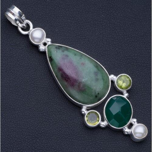 Natural Ruby Zoisite,Chrysoprase,Peridot and River Pearl 925 Sterling Silver Pendant 2 1/2" P0767