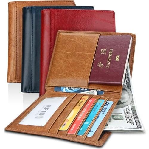 WRF5 Passport Cover for Men Genuine Cow Leather RFID Blocking Credit Cards Wallet RFID Protection Business Card Holder Wallets