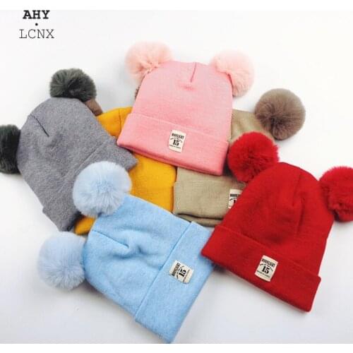 Autum Winter Knitted Kids Hats Baby Scarf Hat Suit With Double Pompom Childrens Lovely Wool Cap For Boy Girl Solid Color Letter