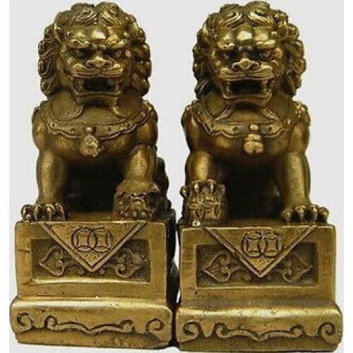 A Pair China Chinese Brass Folk Fengshui Foo Fu Dog Guardion Door Lion Statue Guardian Lion 2pcs Garden Decoration
