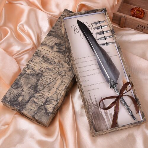 Antique Quill Feather Dip Pen Writing Ink Set Stationery Gift Box with 5 Nib Wedding Gift Quill Pen Fountain Pen Mothers Day