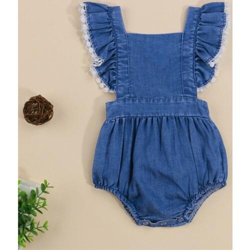 2021 New Baby Girls Casual Romper Dark Blue Square Collar Sleeveless Romper with Lace Hem Summer Clothes for 0-24 Months