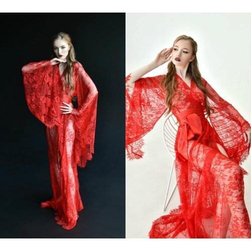 Sexy Bridal Dresses High Split V Neck Lace Belt Nightgown for Photoshoot Boudoir Lingerie Robe Bathrobe Nightwear Babydoll Robe