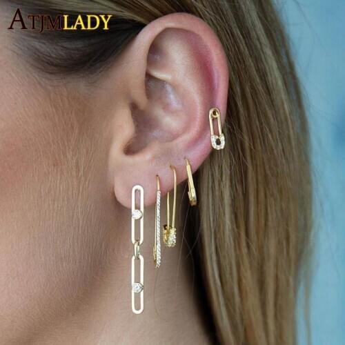 High Quality Unique Designer Paper Clip Safety Pin Earring Fashion Elegant Women Jewelry Gold Filled Simple Delicate CZ Earring