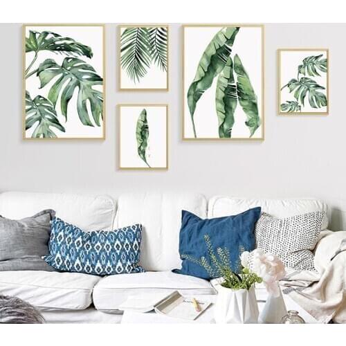Nordic Minimalist Watercolor Green Plant Leaves Art Canvas Print Monstera Posters Wall Pictures For Living Room Home Decoration