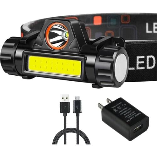 Super Bright XPE+COB Headlamp IP65 Waterproof Headlight with Built-in 18650 Battery USB Rechargeable 2 Modes Led Head Lamp Torch