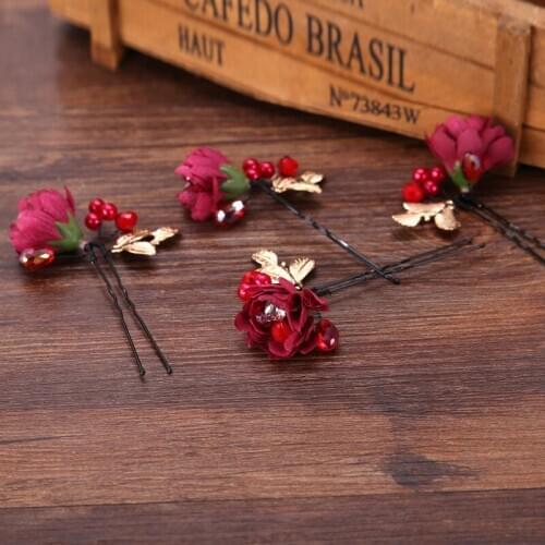 Bridal Jewelry Crown Water Drop Crystal Headdress Womens jewelry red flowers bride hair bun fabric hair bun toast