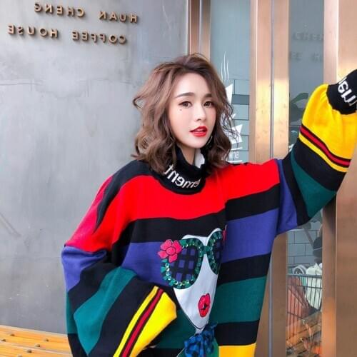 2020 Spring rainbow stripes loose plus size sweaters women fashion puff sleeve turtleneck knitted cartoon sweaters Y306