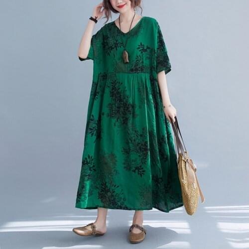 Thin Soft Cotton Linen Loose Summer Dress Print Floral Vintage Dress Plus Size Women Holiday Travel Casual Beach Style Dress