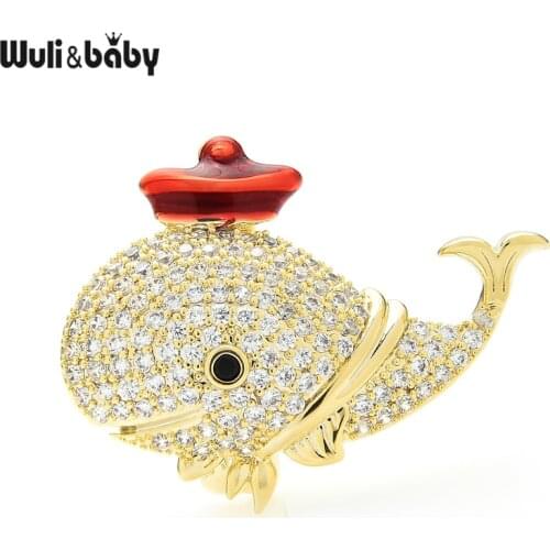 Wuli&baby Wear Hat Whale Fish Brooches For Women Men Lovely 2-color Czech Rhinestone Sea Animal Party Casual Brooch Pins Gifts