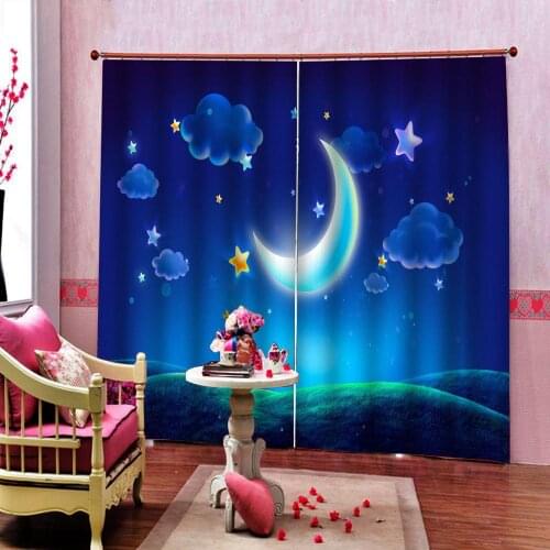 Custom Cartoon fantasy Moon StarS Curtain Childrens room Birthday Party Supplies Window Drapes Decor Sets (Left and Right Side)