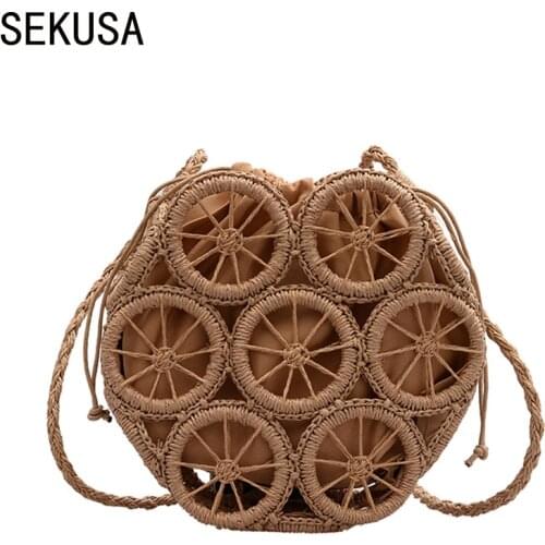 SEKUSA women straw evening bags round design hollow out fashion lady handbags with shoulder chain day clutches