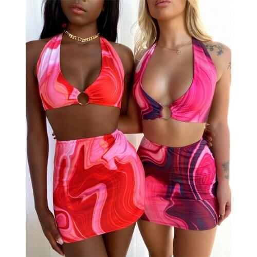Women’s Sexy Vest and Skirt Suits Fashion Irregular Printing Two-pieces Clubwear Halter Bandage Crop Tops and Tight Short Skirt