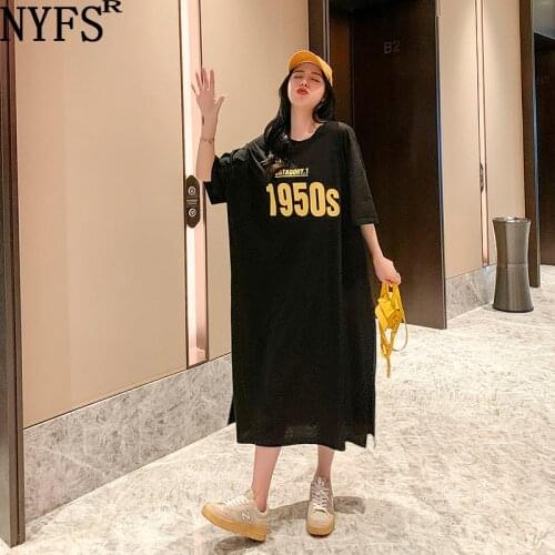 NYFS 2021 Korean New Loose Side split Woman Dress Vestidos Robe Elbise Fashion Short Sleeve Letter Printing Summer Dress