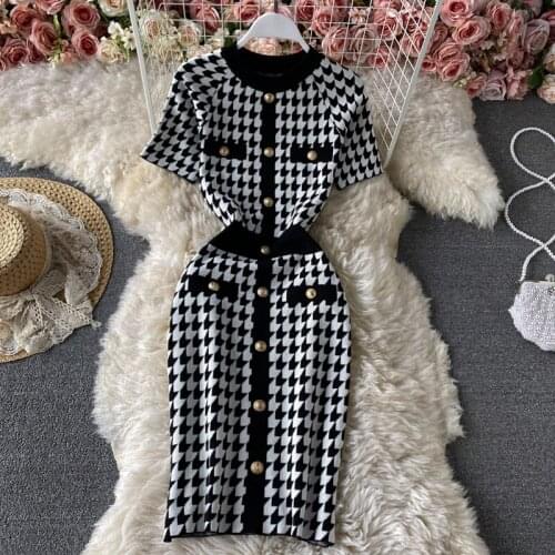 Ladies Summer Vintage Knitting Houndstooth Package Hip Pencil Dress Korean Women Short Sleeve Single-breasted Bodycon Knit Dress