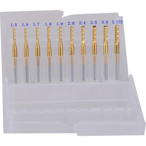 10pcs Titanium Coat Carbide 1.5-3.175mm PCB Carbide Tools, Cutting Bits, Millinging Cutters Kit for Engraving Milling Machine
