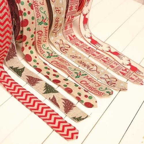 200cm Linen Christmas Gift Box Decorations Ribbons Printing Christmas Grosgrain Ribbons DIY Lace Ribbon for Xmas Gift Wrapping