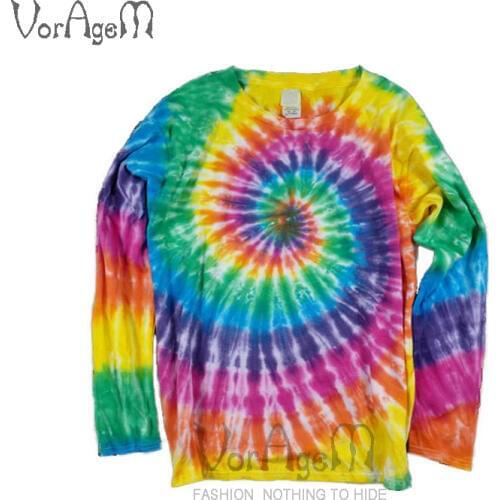 2018 Mens Handcrafted Tie Dye T Shirt Fashion Ray Spiral Colorful Long Sleeve Tops Men 100% Cotton Streetwear Tees
