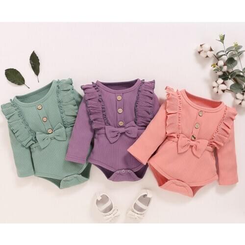 2020 Toddler’s Spring Autumn Clothes Solid Color Ruffle Long Sleeves Ribbed Rompers with Bowknot for Baby Girl 0-18 Months