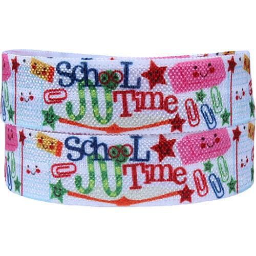 50 yards/lot happy school time printed foe ribbon, wholesale 5/8" fold over elastic for kids headbands