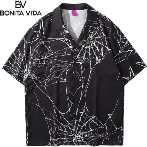 Bonita Vida Hawaiian Shirts Graffiti Cobweb Short Sleeve Beach Shirt Streetwear Hip Hop Summer Tropical Aloha Button Tops