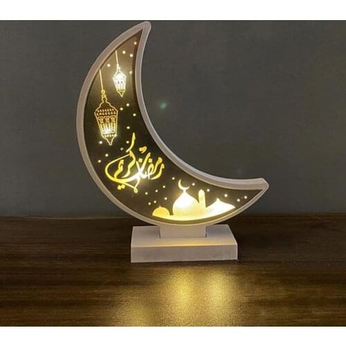 Moon Lamp Wooden Eid Mubarak Ramadan Plaque DIY Ramadan Lamp Home Decoration Lights Gift Without Battery