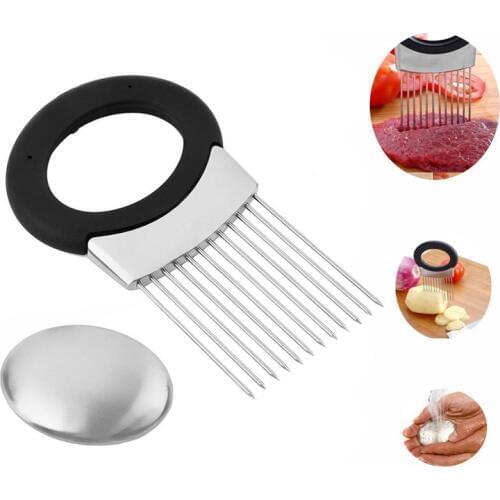 LMETJMA Onion Holder Stainless Steel Onion Holder Slicer With Odor Remover For Tomato Potato Onion Peeler Meat Needle KC0330