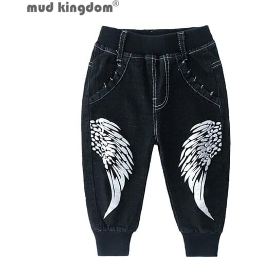 Mudkingdom Kids Denim Pants Fashion Wing Print Loose Fit Slant Pocket Jeans Pull On Casual Trousers for Boy Spring Autumn Clothe