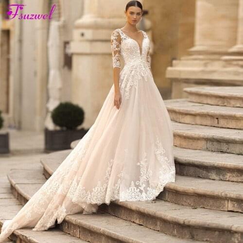 Fsuzwel New Arrival Scoop Neck Half Sleeve A-Line Wedding Dress 2020 Luxury Appliques Court Train Princess Bride Gown Plus Size