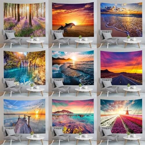 Nice Scenery Wall Hanging Carpet Landscape Tapestry Sea Beach Cloth Mat Flower Blanket Home Decoration