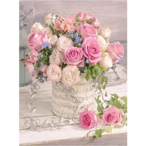 Full Diamond Oil Painting Set Pink Rose Vase Mosaic Embroidery Picture Crystal Rhinestone Stickers Decal Wall Art Craft Gift