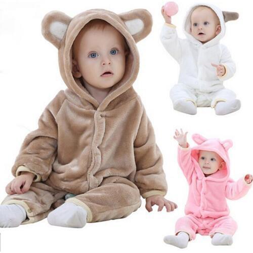 Boy Girl Baby Jumpsuit Flannel Bear Animal Model Hooded Crawl Clothes Comfortable Lovely Home Clothes Pajamas Three Colours