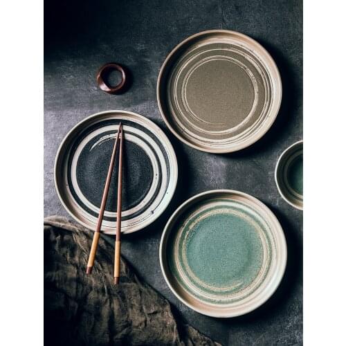 Creative Ceramic Plate Japanese Dinner Plate Retro Frosted Round Plate Household Tableware Kitchen Restaurant Service Plate