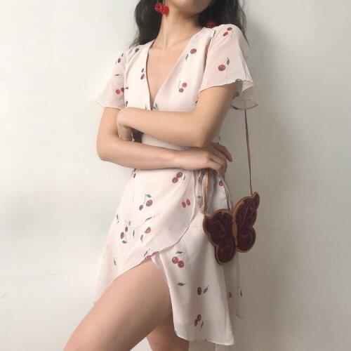 Summer French Flower Cherry Print Ruffled White Dress Women Sexy Mini Girl Sundress 2021 Robe Lace Cross Lacing Up Elegant Bow