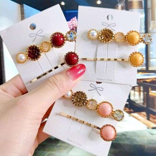 2pcs Fashion Acrylic Hairpins Set For Women Korean Jewelry Rhinestone Flower Leaf Barrettes Clips Girl Headwear Hair Accessories