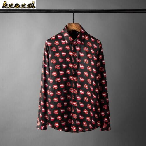 Azazel Men Shirt Luxury Red Lip Printing Long Sleeve Mens Shirts Allover Printed Long Sleeve Man Shirts Party Shirts Men 4XL