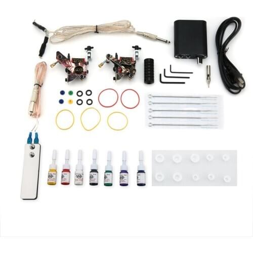 Tattoo Complete Beginner Tattoo Kit 2 Pro Machine Guns 7 Colors Inks Power Supply Needle Grips Tips Tatto Accessories