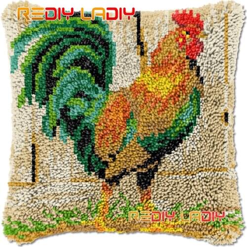 Latch Hook Cushion Farm Cock DIY Needlepoint Kits Chunky Acrylic Yarn Arts Crocheting Lofty Pillow Case Hobby & Crafts