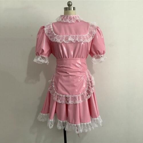 French Maid PVC Leather Dress Lockable Uniform Anime Cosplay Halloween Sexy Sweet Gothic Lolita Sissy Dresses Plus Size Costumes