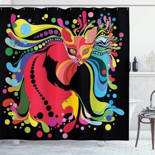 Psychedelic Shower Curtain Futuristic Kitty Visual Print Fluid Swirling Color Burst Motifs Kitty Graphic Bathroom Decor Set