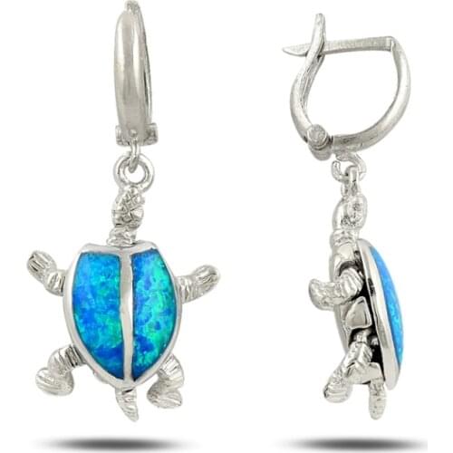 Silver 925 Sterling Opal Cubic Zirconia Dangle Turtle Earrings