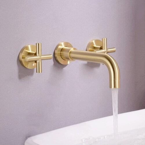 Bathroom Basin Faucet Wall Mounted Dual Handle 3 Holes In-Wall Hot & Cold Sink Mixer Tap Golden Brushed Basin Faucet Torneira