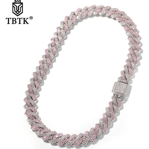 TBTK Hiphop 13mm Iced Out Silver Color Cuban Prong Link With White &Pink Two Rows Cubic Zinconia Choke Luxury Charms Jewelry