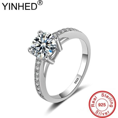 YINHED Luxury Classic Wedding Rings for Women Pure 925 Sterling Silver 4 Claws Round CZ Diamant Bridal Engagement Jewelry ZR543